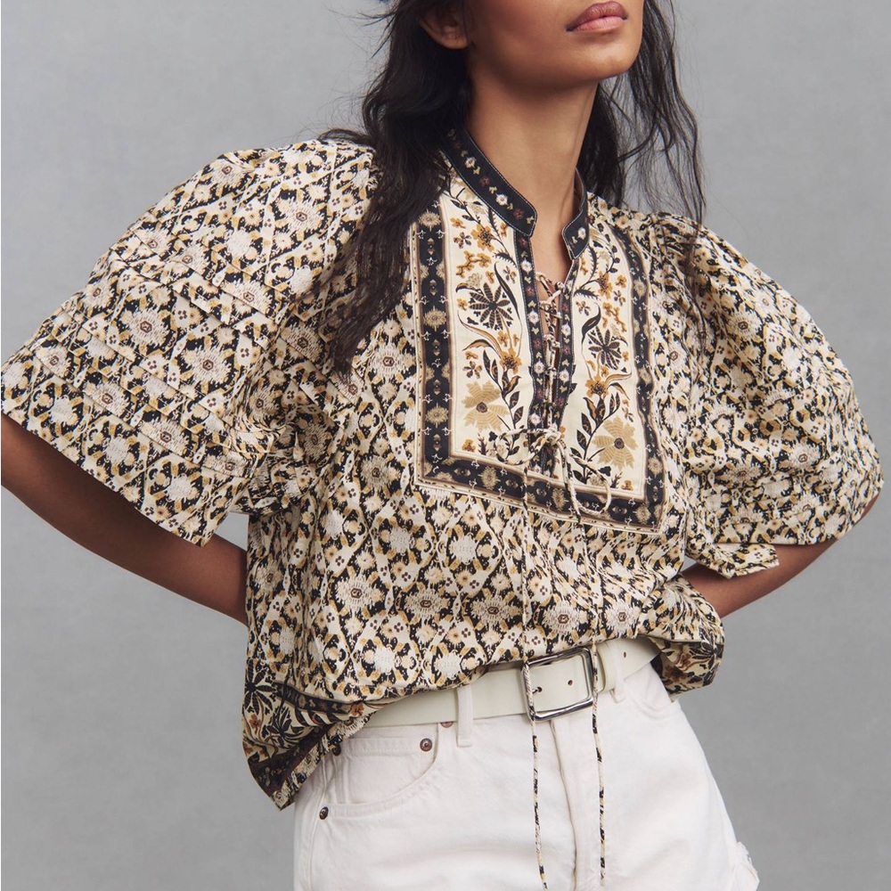 Anthropologie Pleated Puff-Sleeve Blouse Boho Peasant Top - Size Medium